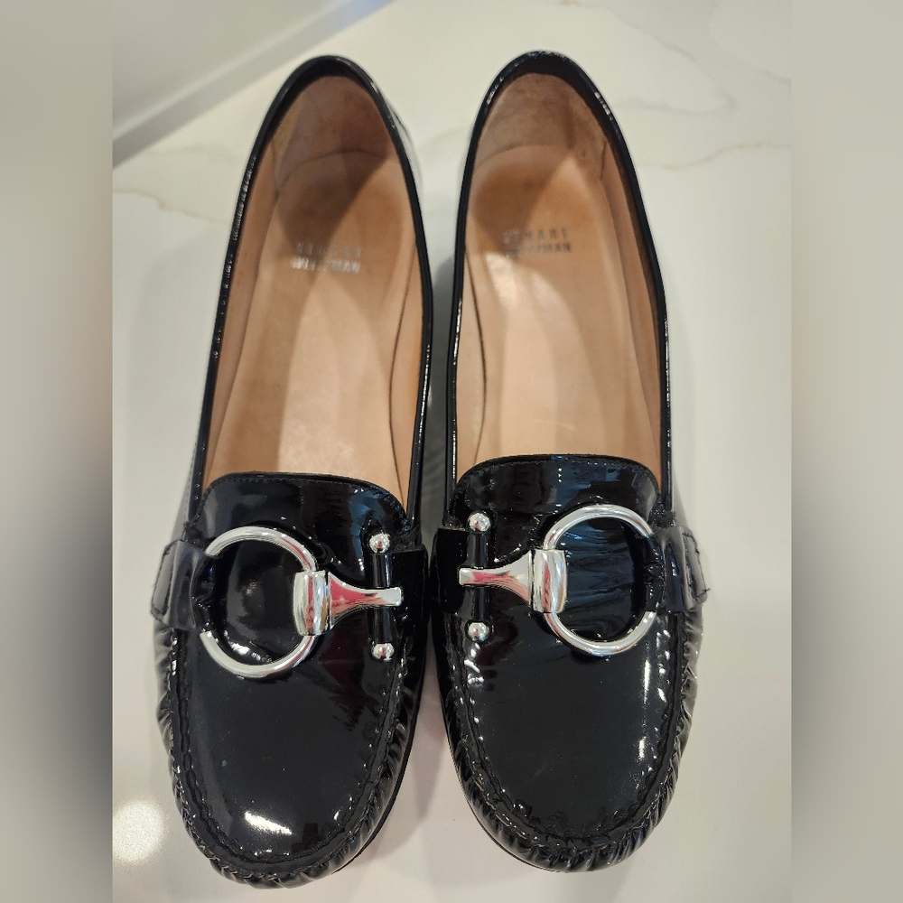 Stuart Weitzman Black Horsebit Patent Leather Loafers Sz 8 1/2